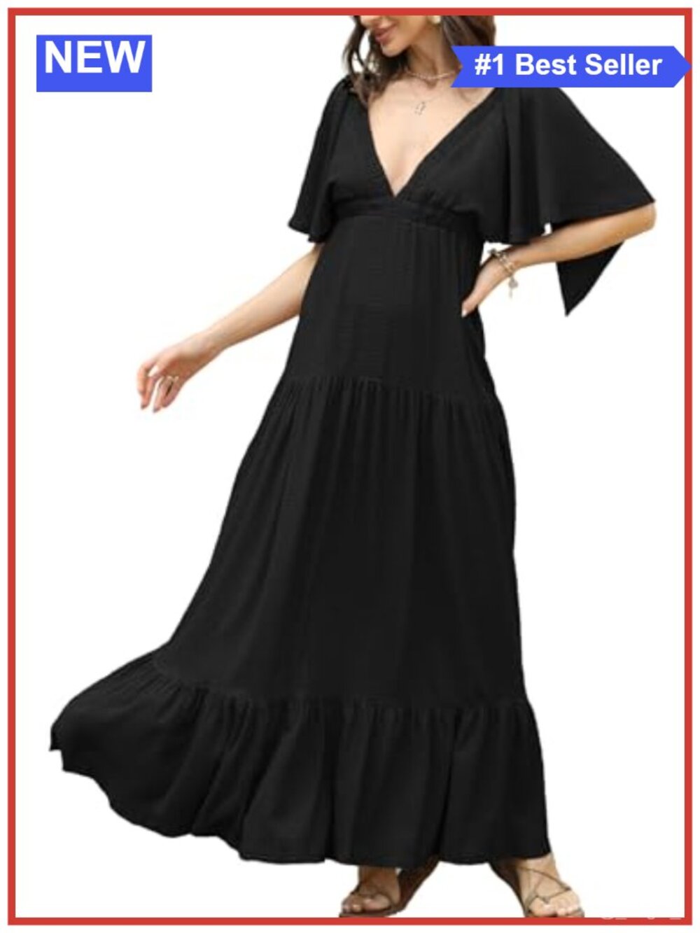 Women's V-Neck Maxi Dress Tiered Ruffle Flutter Sleeve Backless Elastic Waist